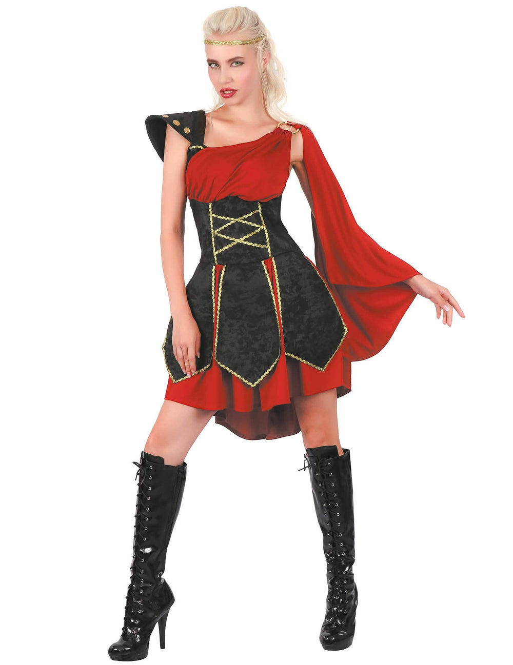 Fato de gladiadora para mulher vermelho e preto com detalhes dourados