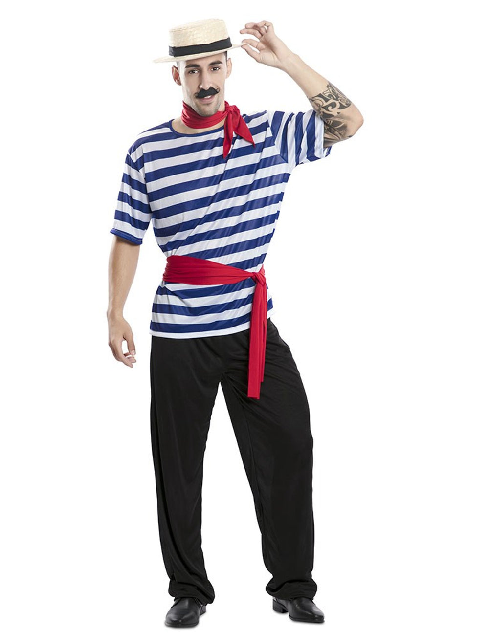 Déguisement de gondolier pour adulte à rayures bleues et blanches avec foulard rouge et canotier