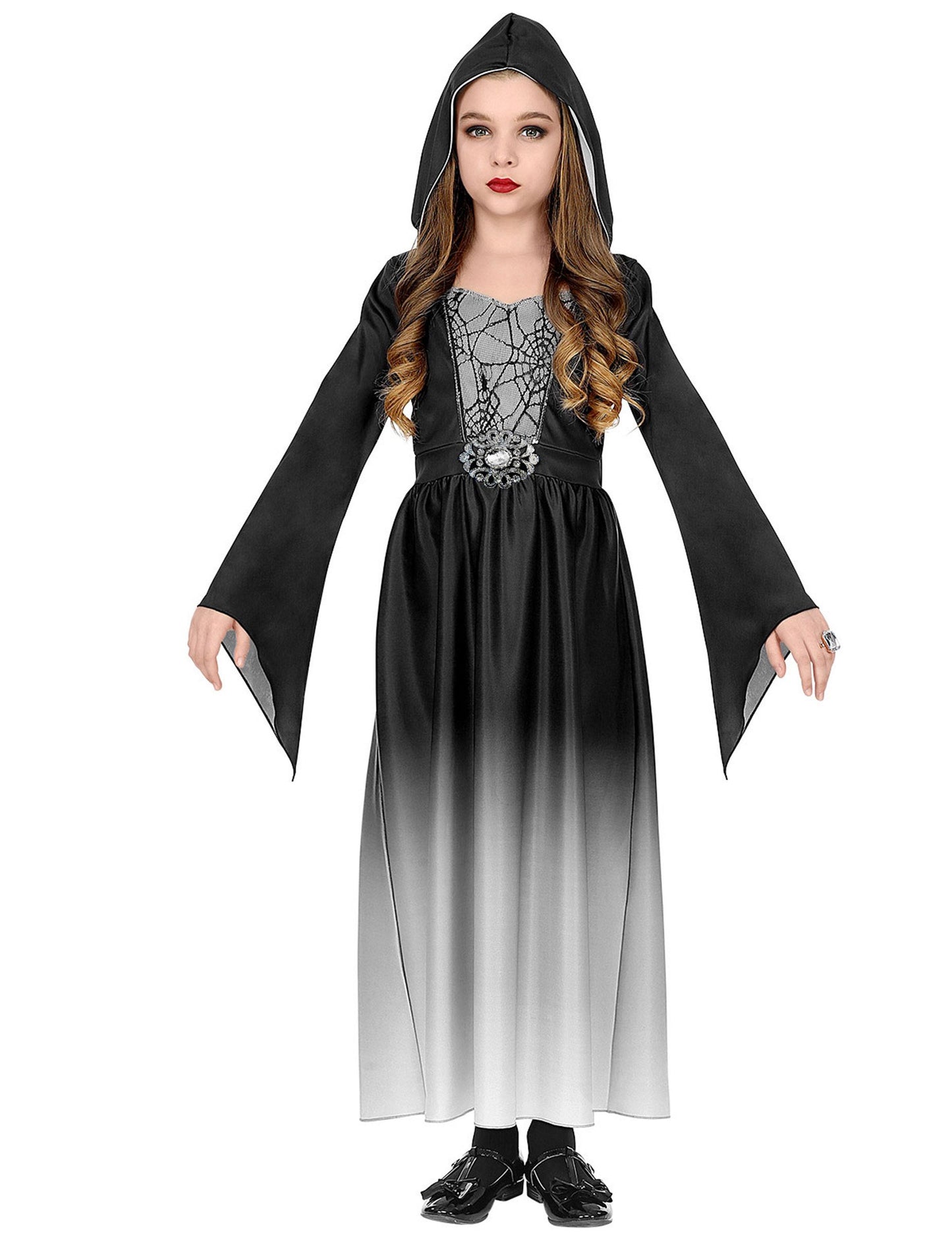 Déguisement de gourou vampire pour fille noir et blanc avec capuche