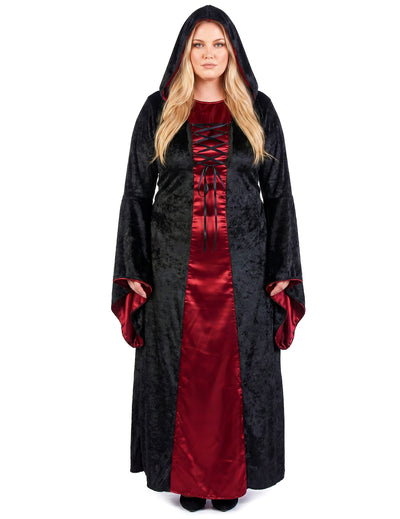 Fato gótico plus size com capuz vermelho e preto para mulher
