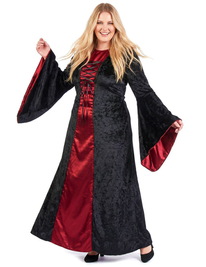 Fato gótico plus size com capuz vermelho e preto para mulher