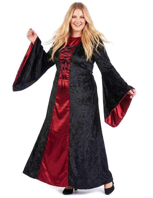 Fato gótico plus size com capuz vermelho e preto para mulher