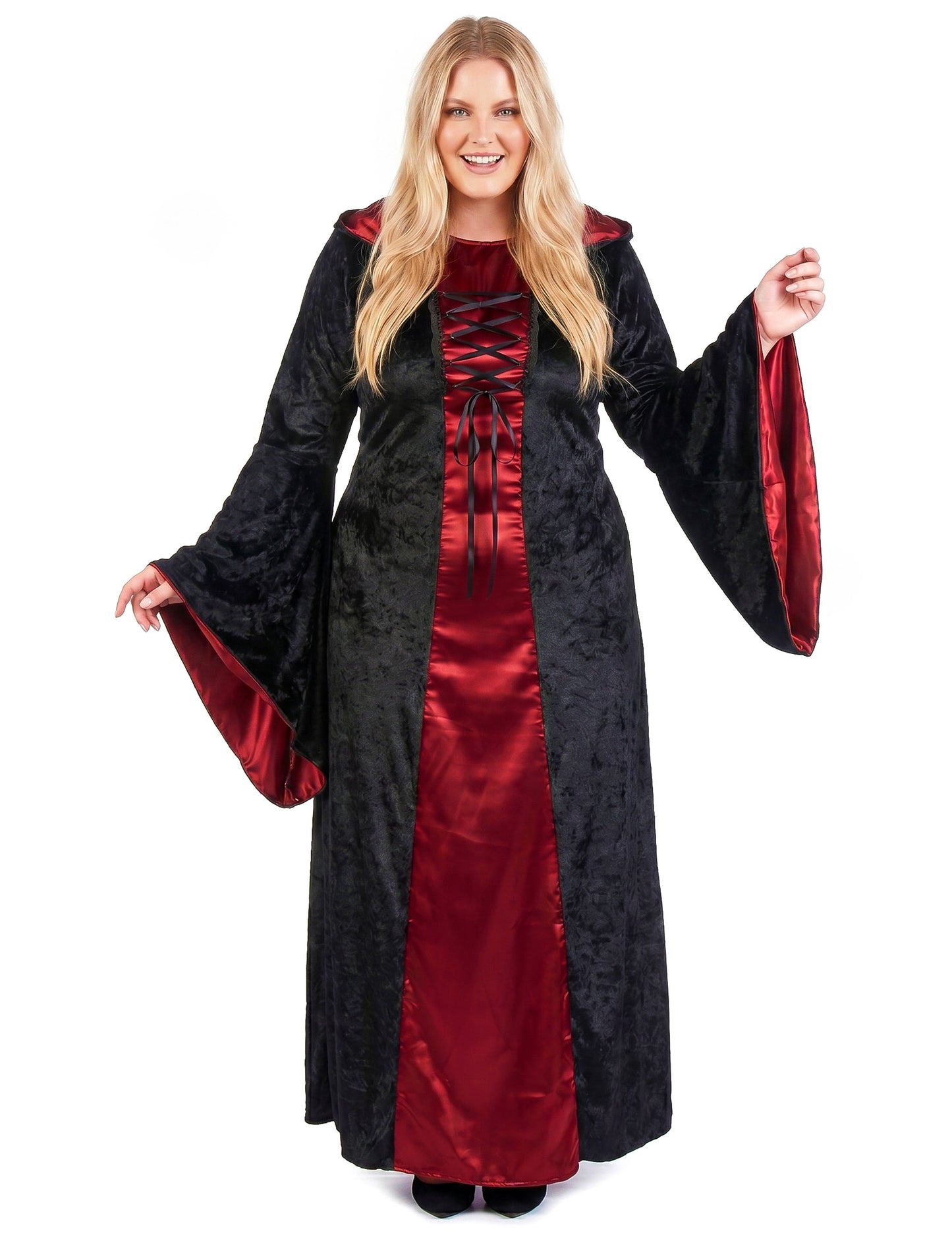Fato gótico plus size com capuz vermelho e preto para mulher
