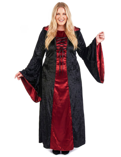 Fato gótico plus size com capuz vermelho e preto para mulher