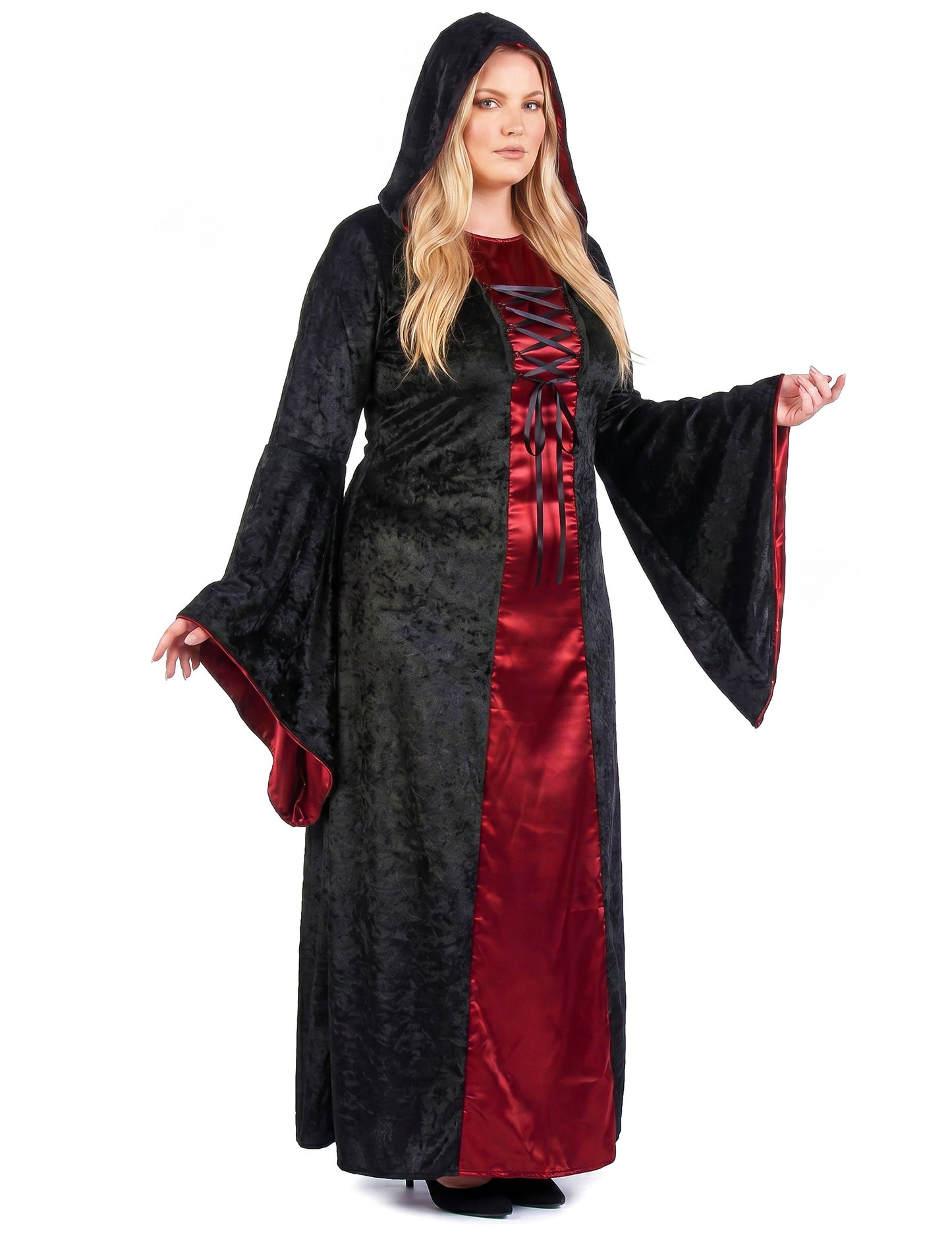 Fato gótico plus size com capuz vermelho e preto para mulher