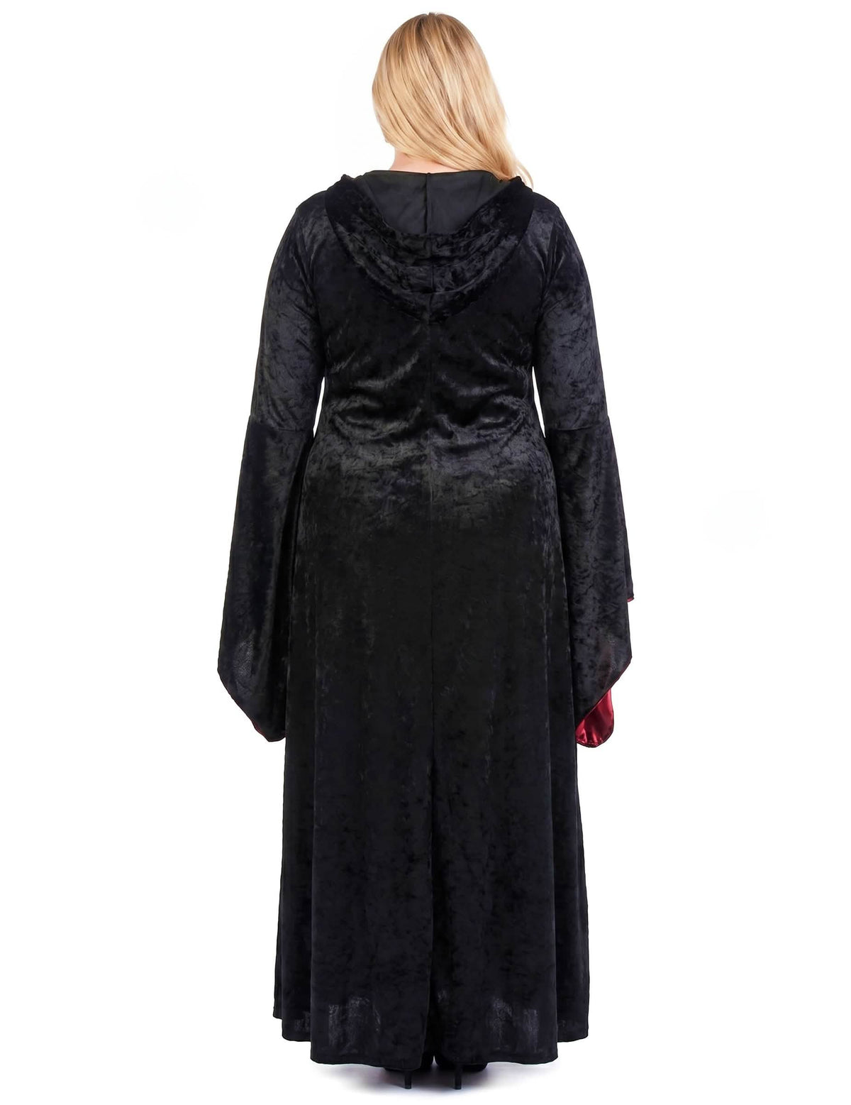 Fato gótico plus size com capuz vermelho e preto para mulher