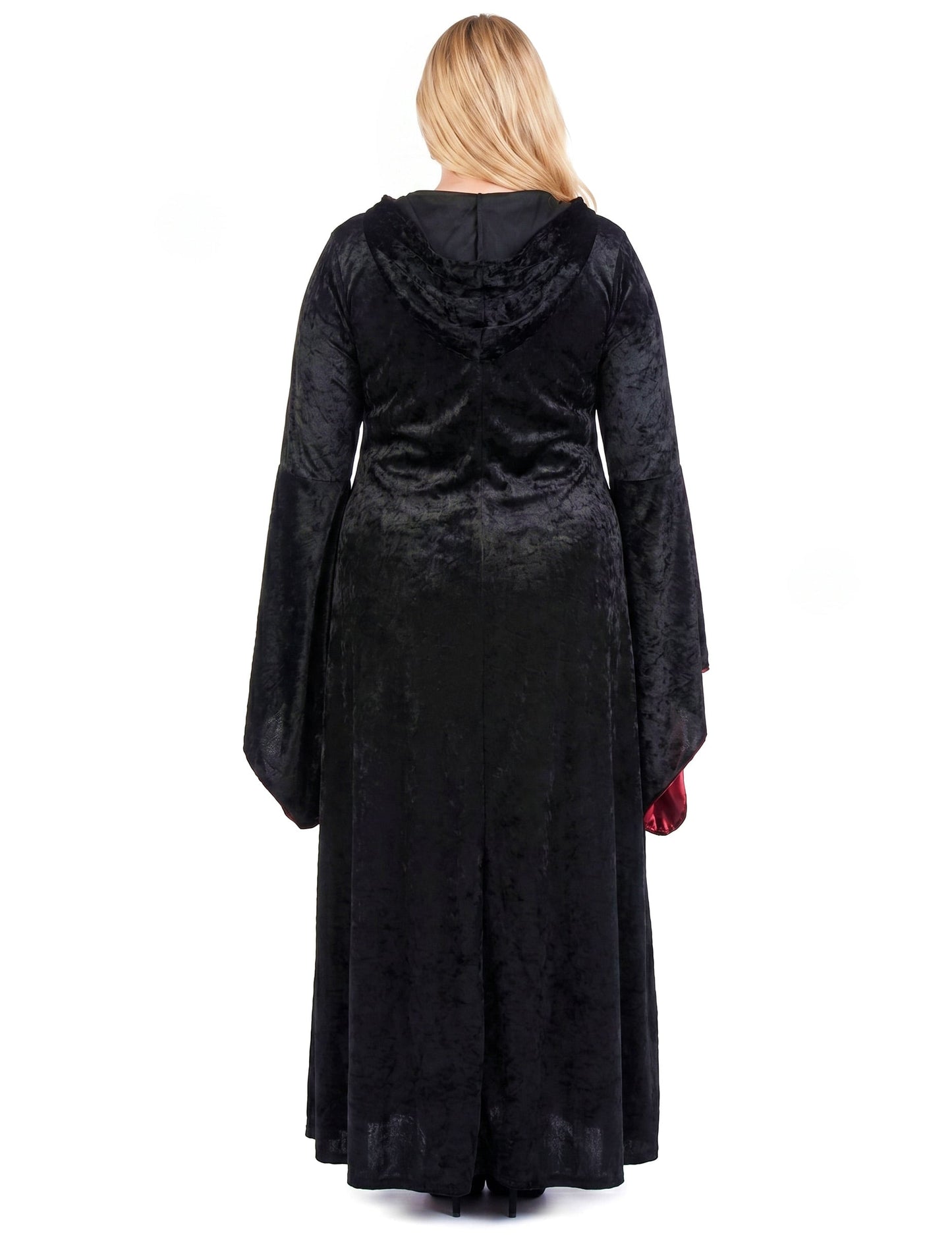 Fato gótico plus size com capuz vermelho e preto para mulher