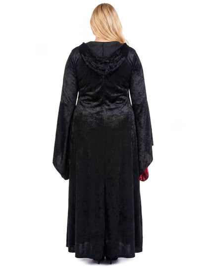 Fato gótico plus size com capuz vermelho e preto para mulher