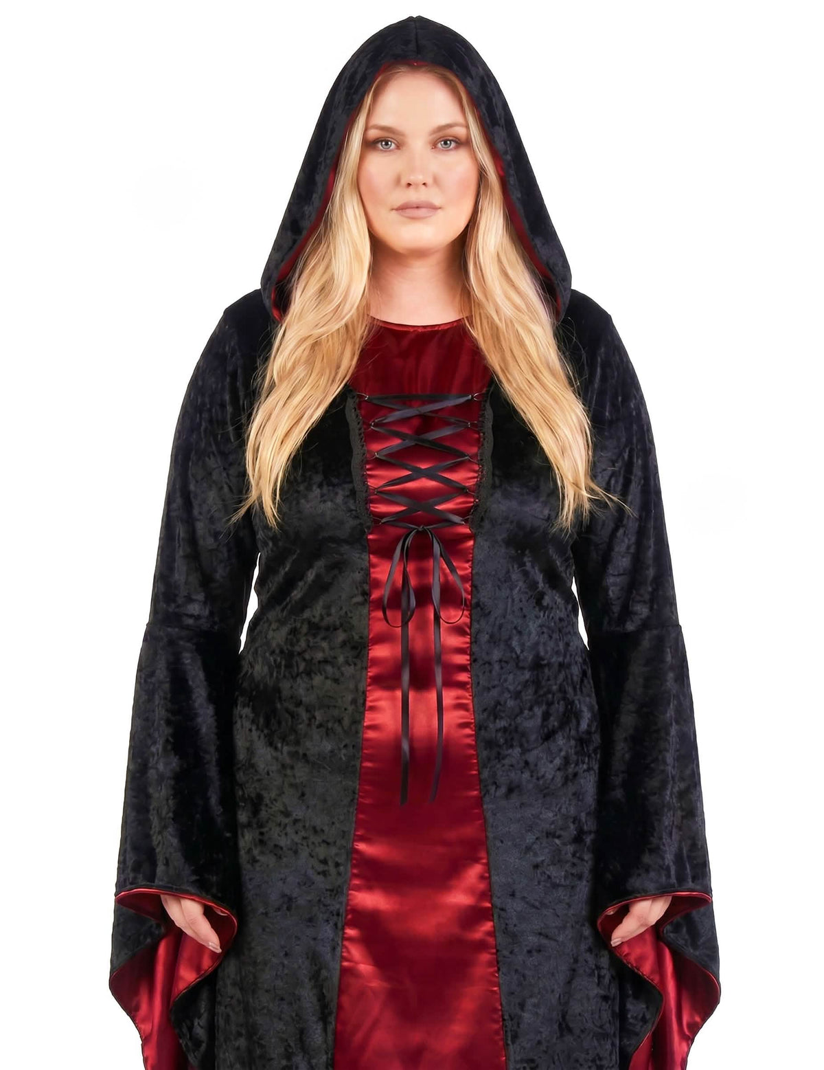 Fato gótico plus size com capuz vermelho e preto para mulher
