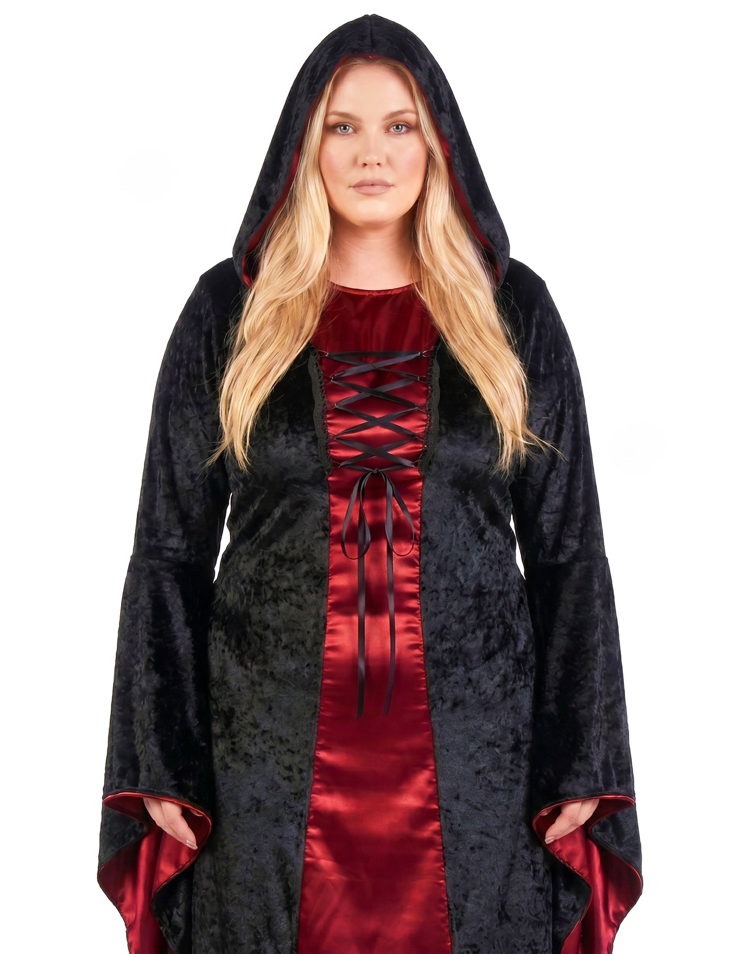 Fato gótico plus size com capuz vermelho e preto para mulher