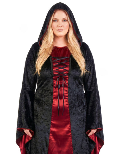 Fato gótico plus size com capuz vermelho e preto para mulher