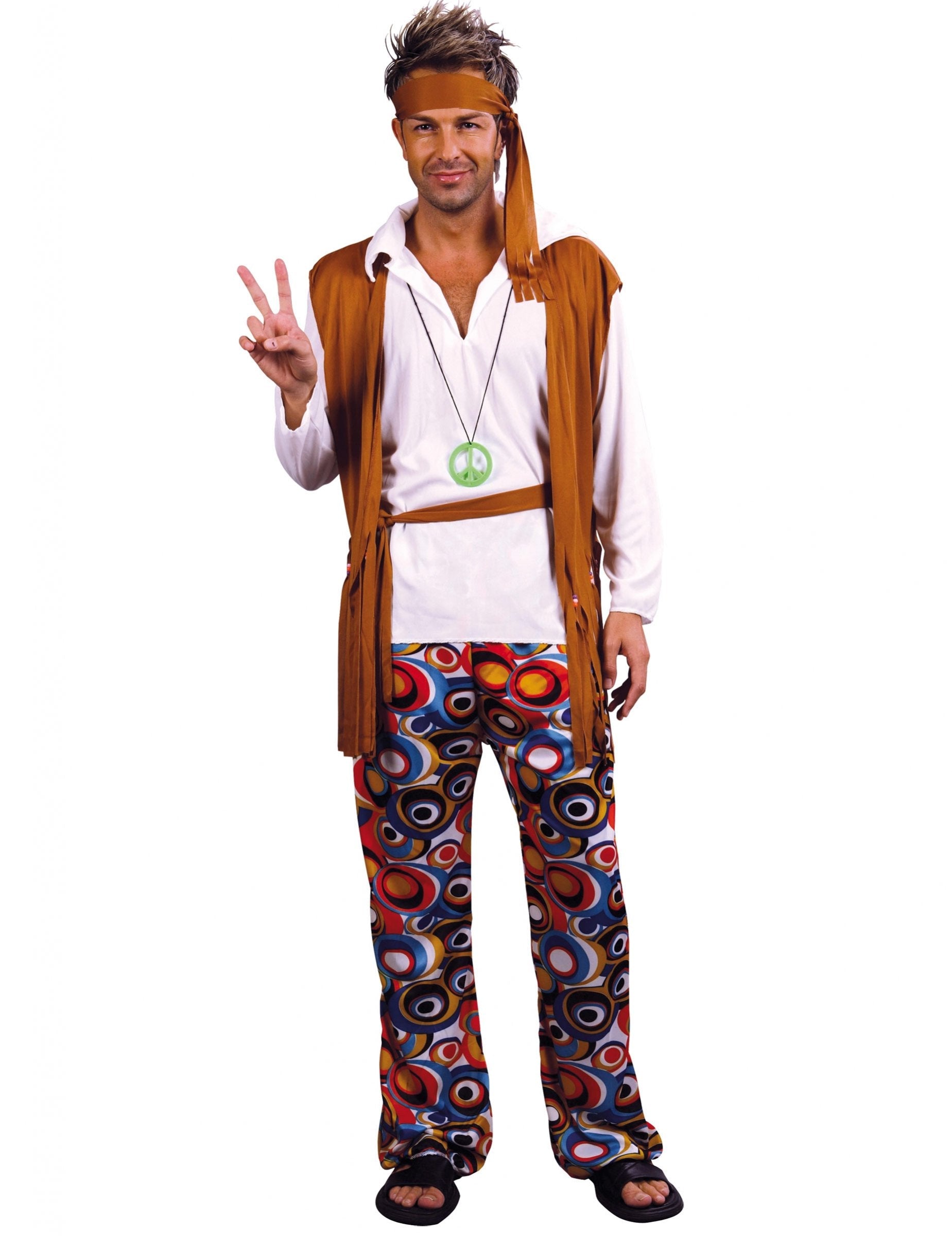 Vue de face de la tenue homme du déguisement de hippies pour couple multicolores