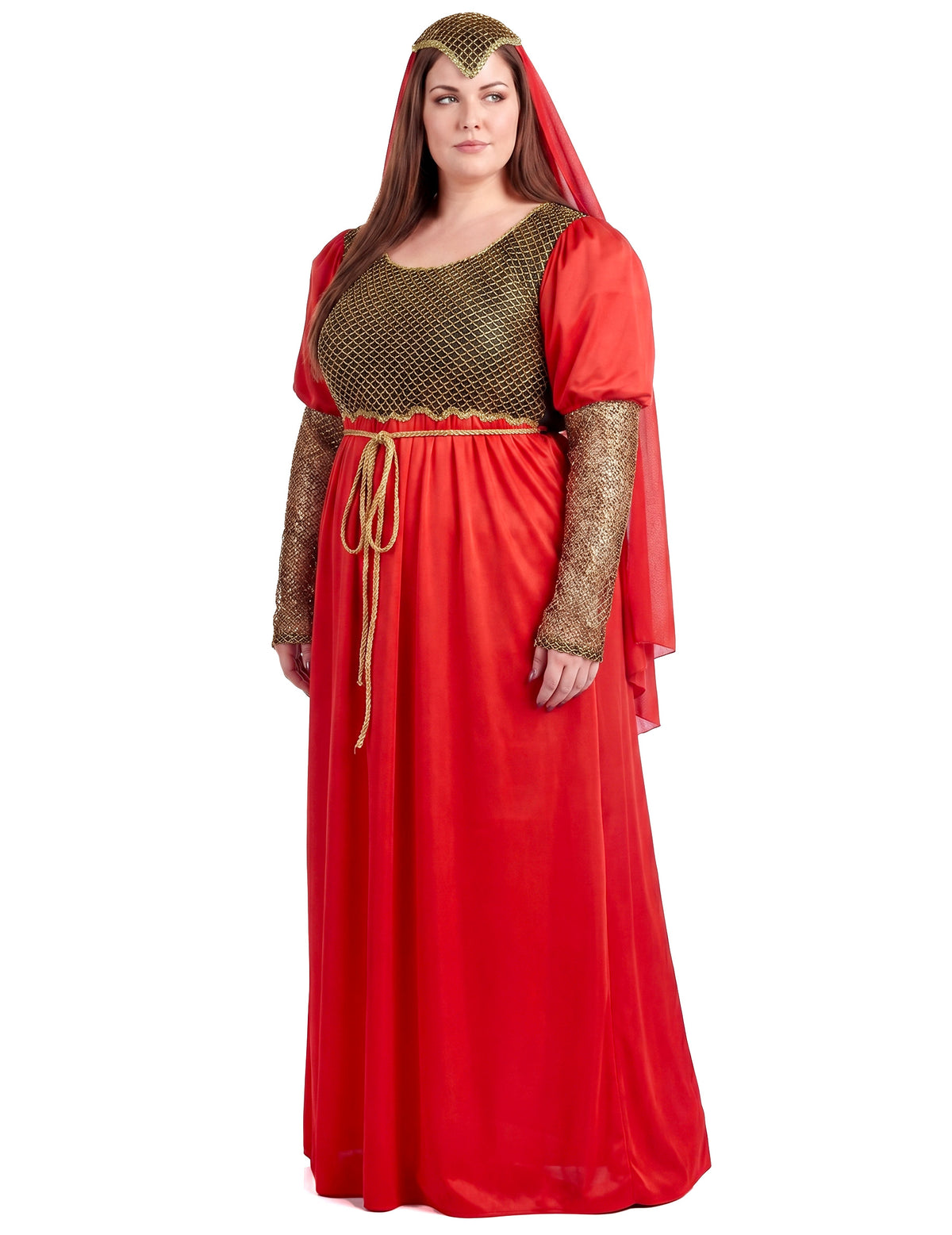 Fato medieval vermelho feminino em tamanho grande