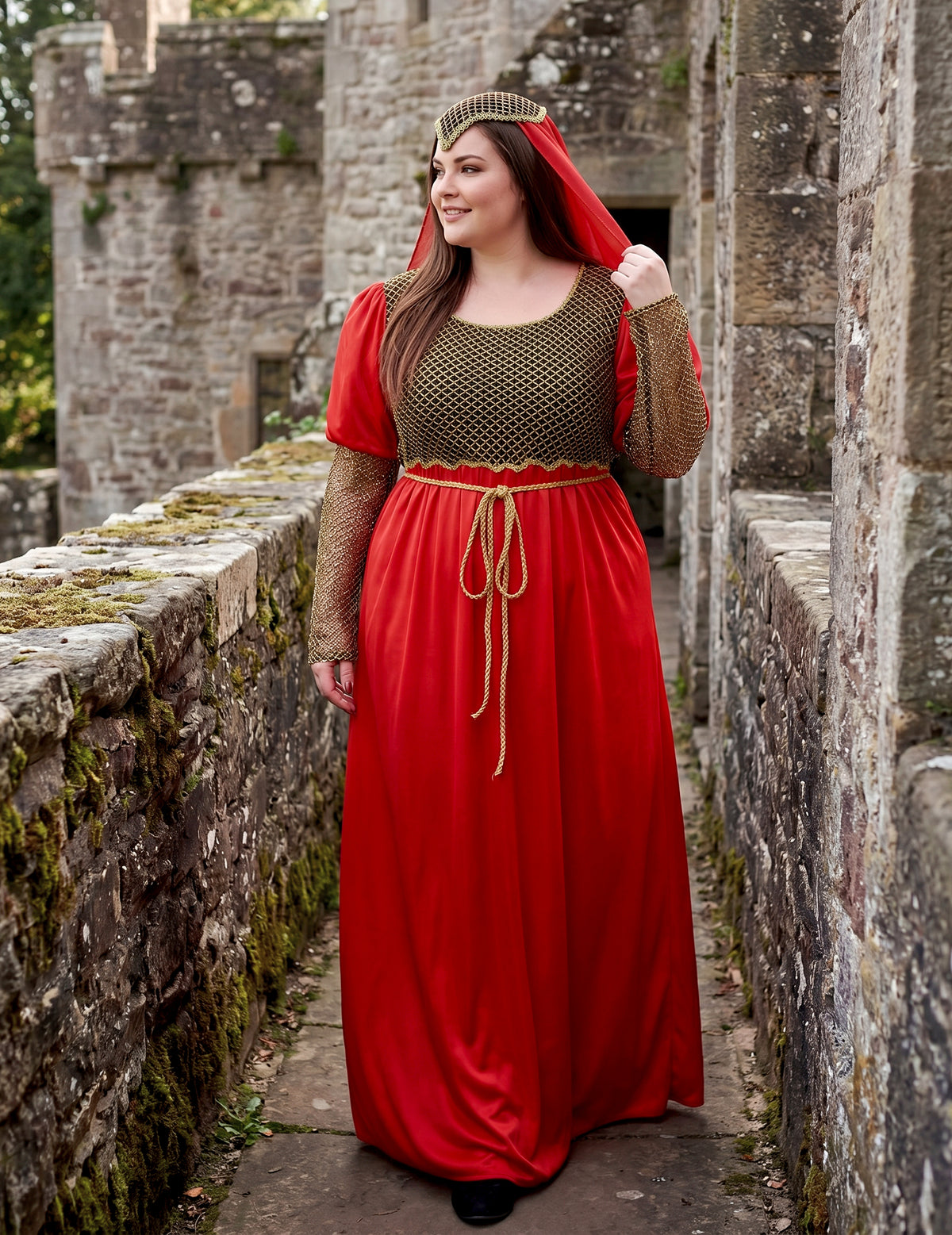 Fato medieval vermelho feminino em tamanho grande