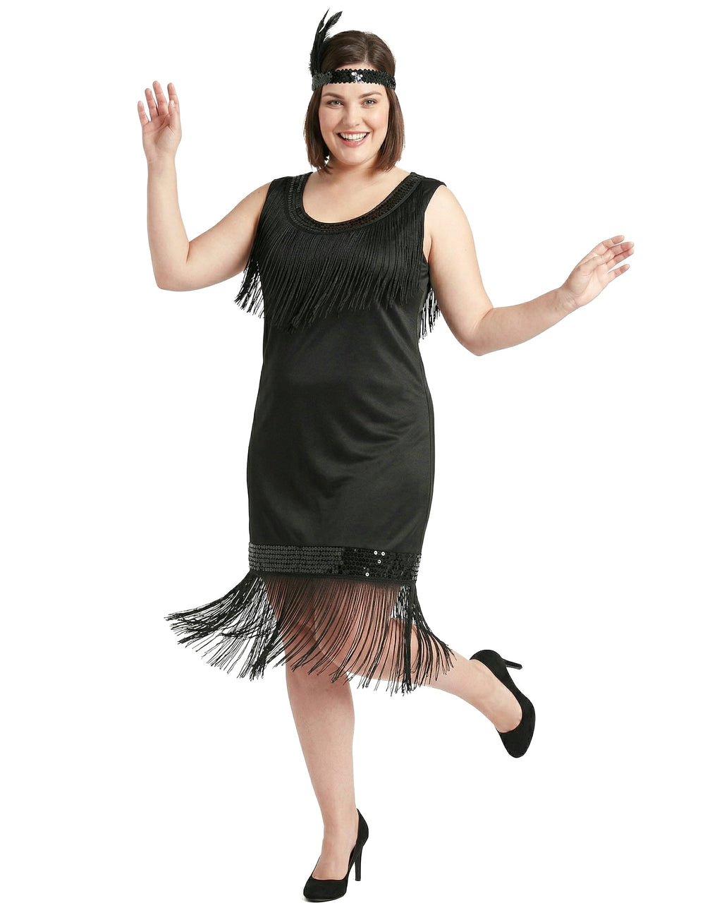 Déguisement robe Charleston pour femme noire avec franges et bandeau