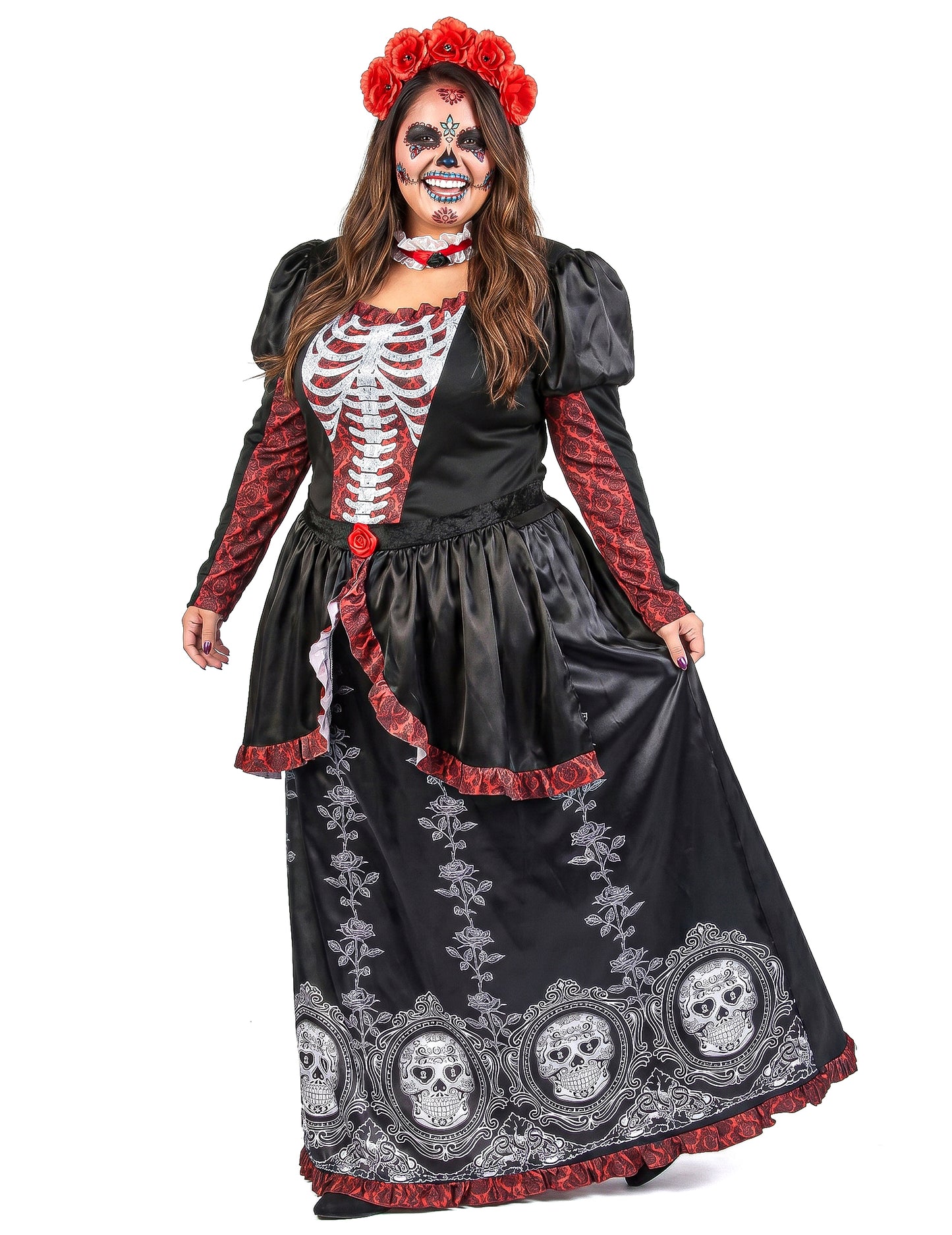 Traje de vestido longo plus size feminino Dia de los muertos