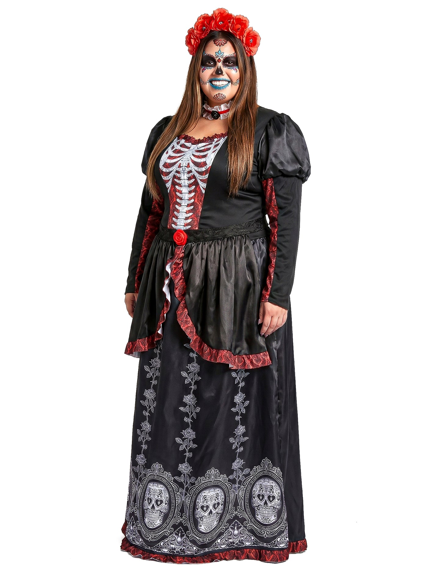 Traje de vestido longo plus size feminino Dia de los muertos