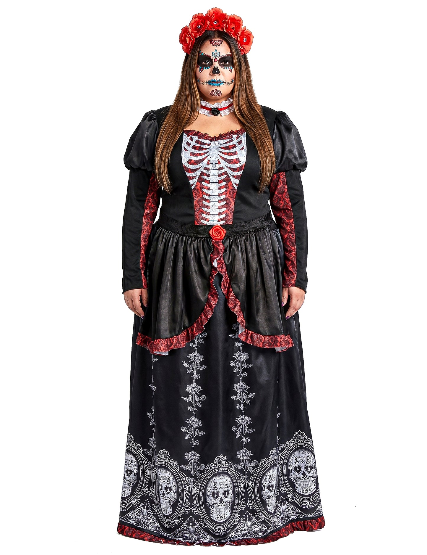 Traje de vestido longo plus size feminino Dia de los muertos