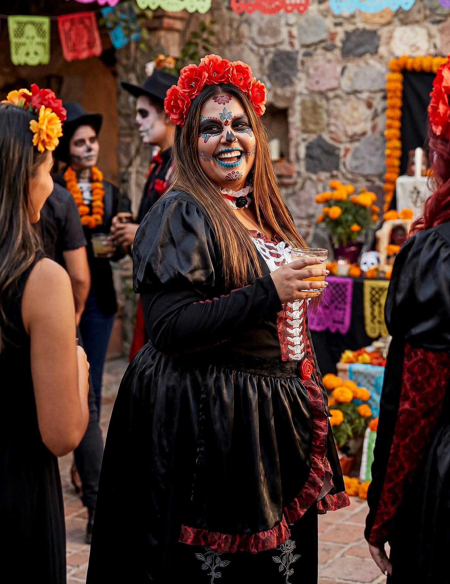 Traje de vestido longo plus size feminino Dia de los muertos