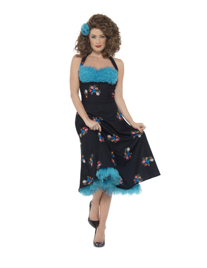 Déguisement Grease Cha Cha Di gregorio pour femme noir et bleu turquoise à fleurs