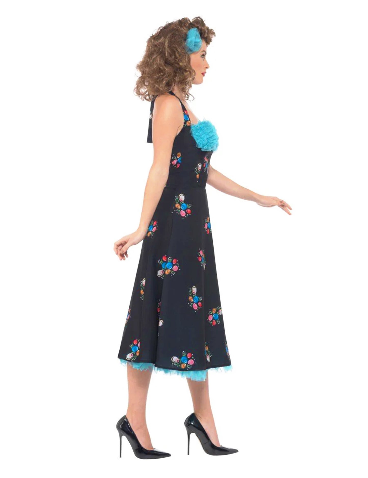 Vue de profil du déguisement Grease Cha Cha Di gregorio pour femme