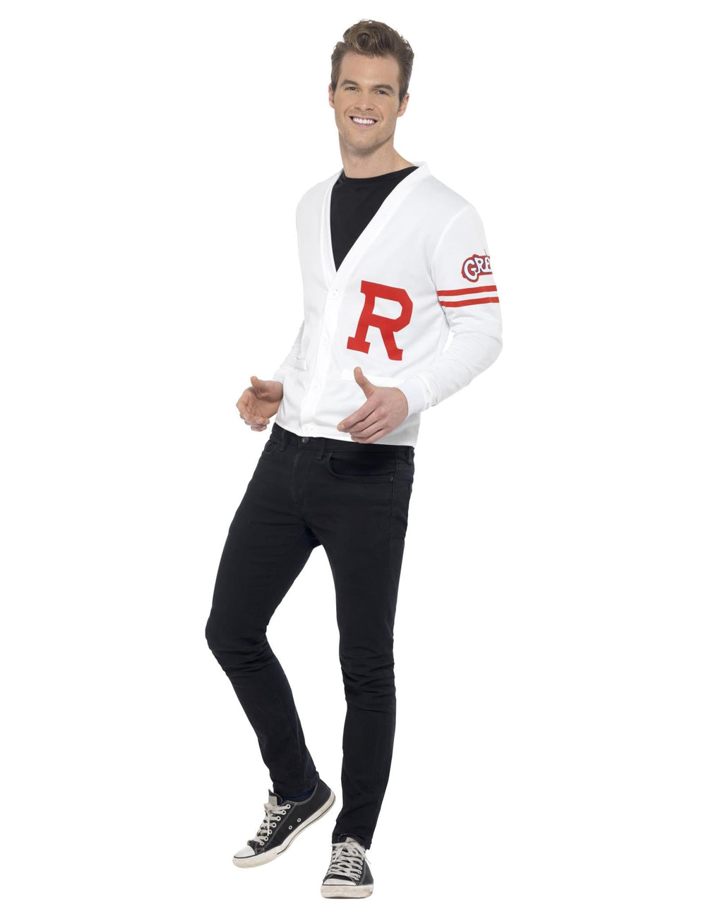 Déguisement Grease Rydell Prep pour homme blanc avec cardigan à logo rouge