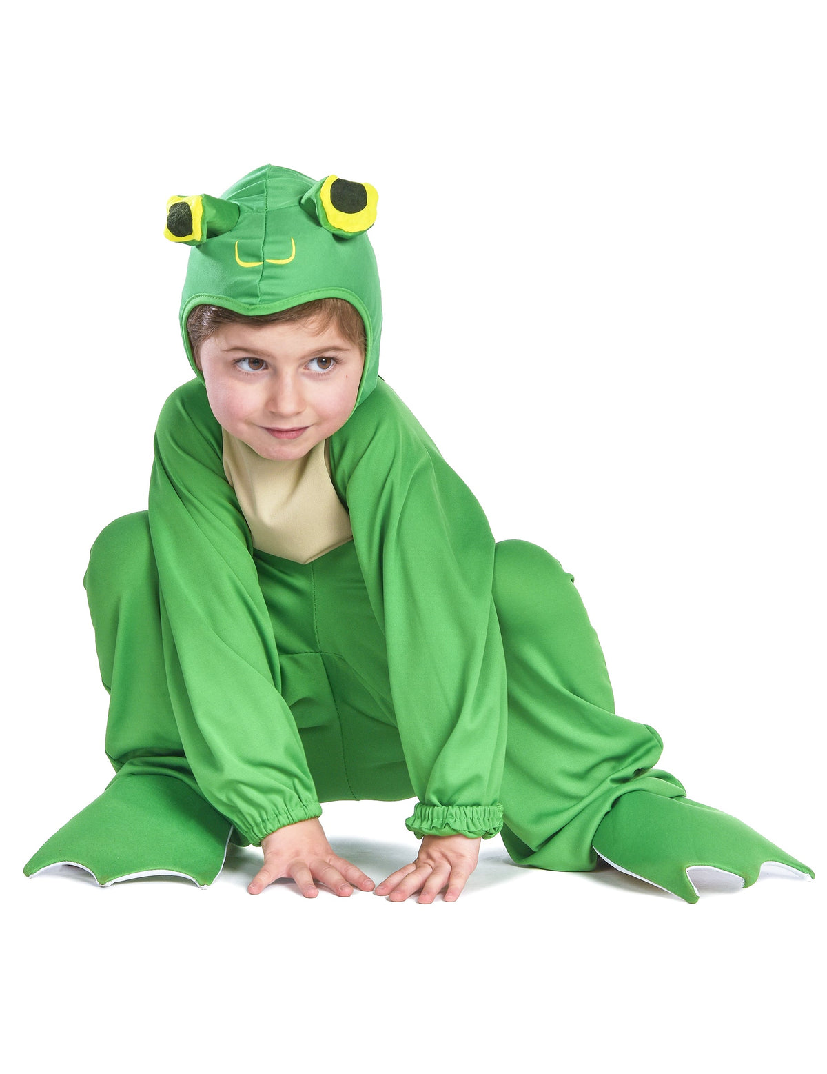 Mise en situation accroupie du déguisement grenouille pour enfant