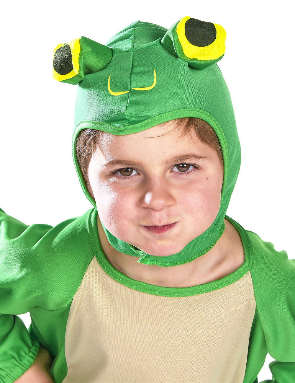 Déguisement grenouille pour enfant vert et beige avec capuche à grands yeux