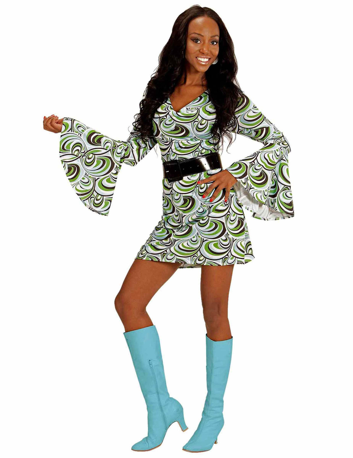 Fato groovy waves anos 70 para mulher verde black and white com cinto preto