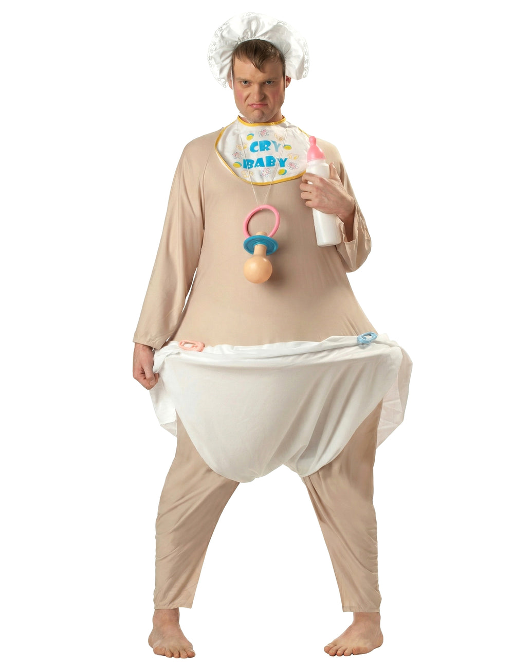 Déguisement de gros bébé deluxe pour homme beige avec couche géante bavoir et bonnet