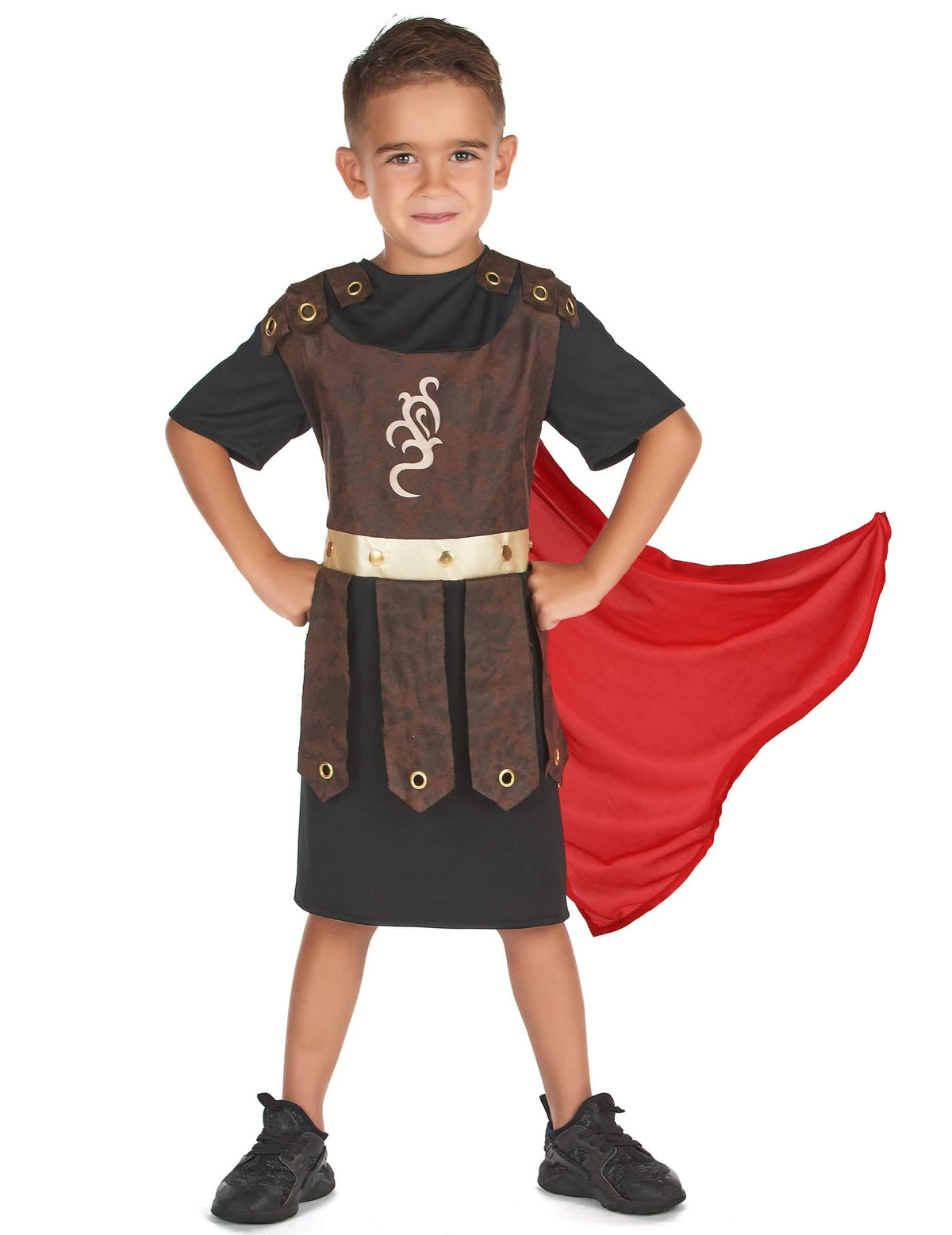 Fato de guerreiro gladiador para menino castanho e preto com capa vermelha