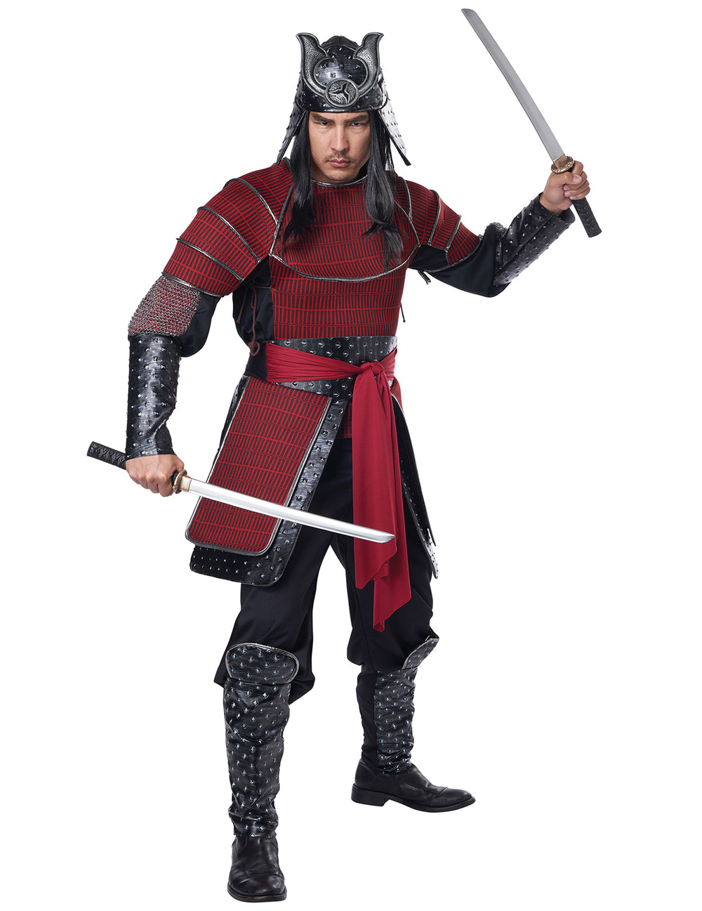 Déguisement guerrier samourai pour homme rouge et noir avec casque