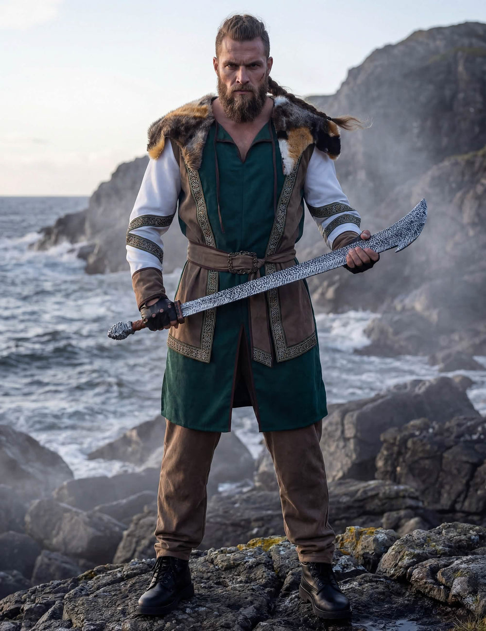 Fato de guerreiro viking de luxo para homem verde e castanho com gola em pele sintética