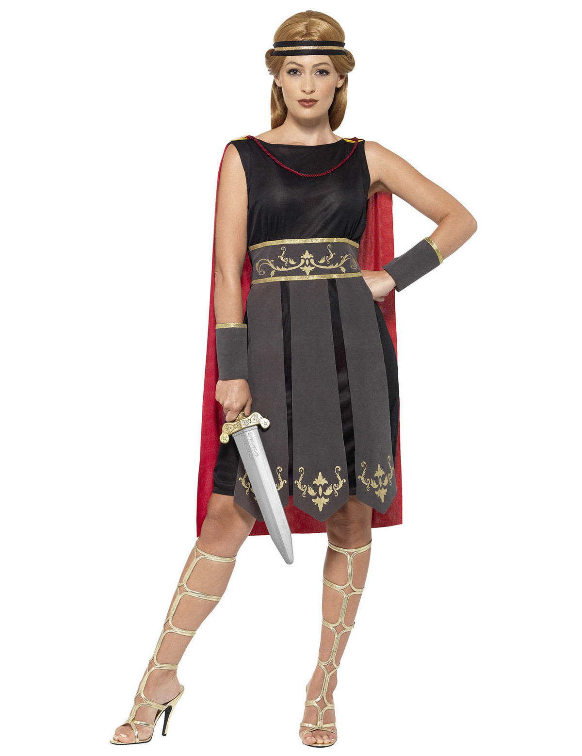 Déguisement de guerrière gladiatrice pour femme noir et gris avec cape rouge et détails dorés
