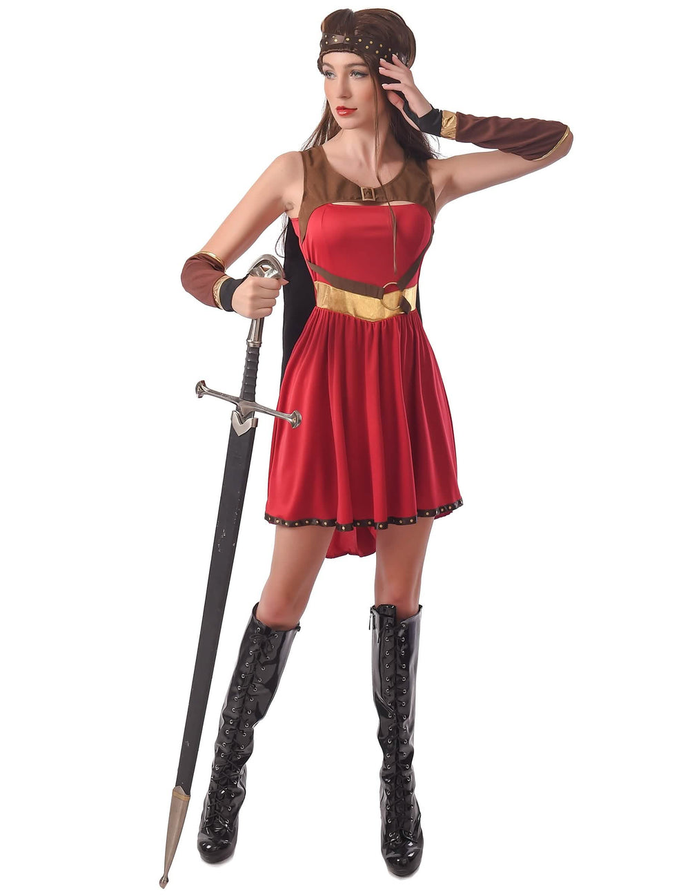 Fato de guerreira medieval para mulher vermelho e castanho com bandana