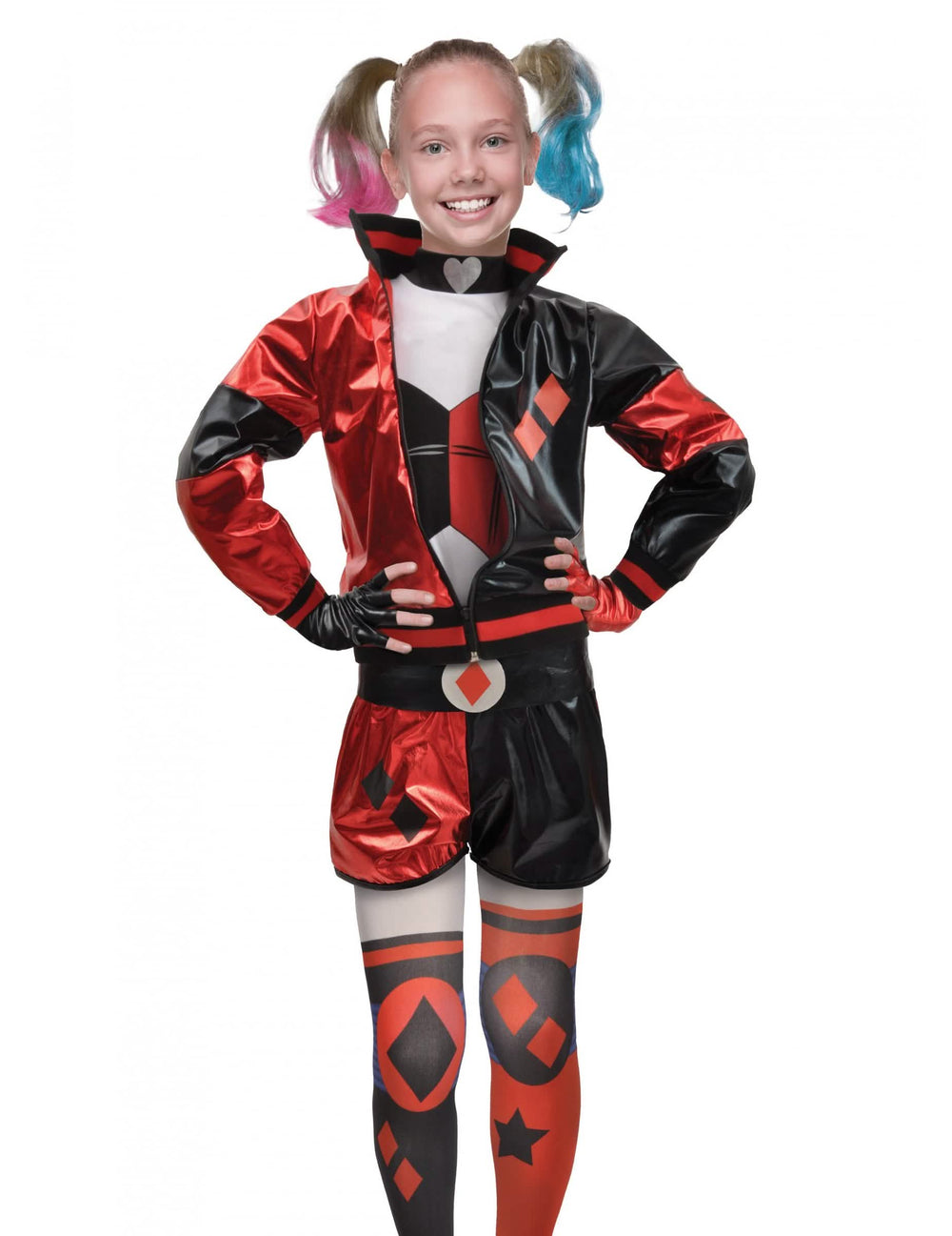 Vista frontal do disfarce Harley Quinn™ para menina