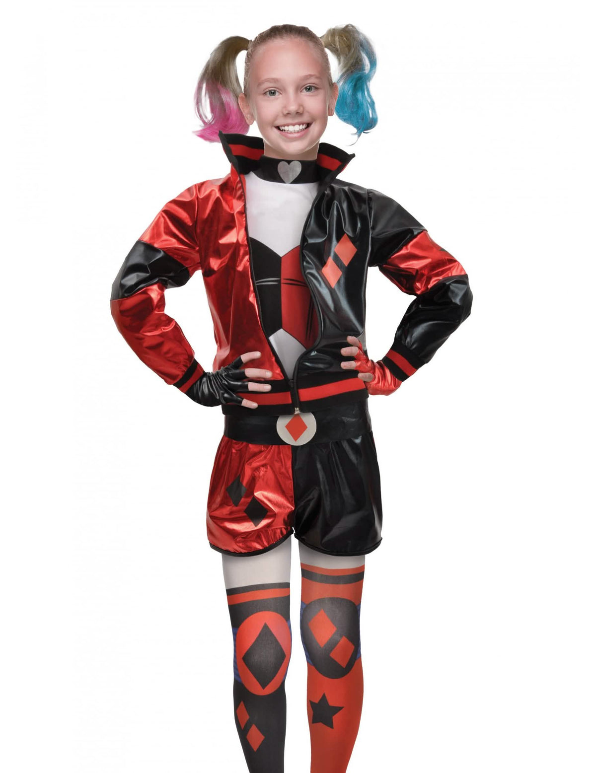Vista frontal do disfarce Harley Quinn™ para menina
