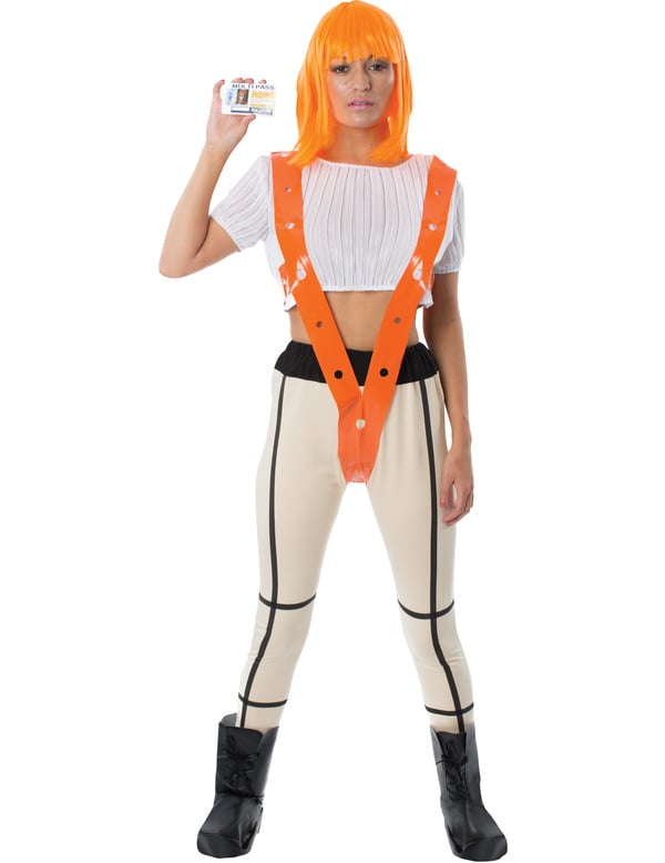 Déguisement héroïne rousse luxe pour adulte orange et blanc avec harnais et perruque