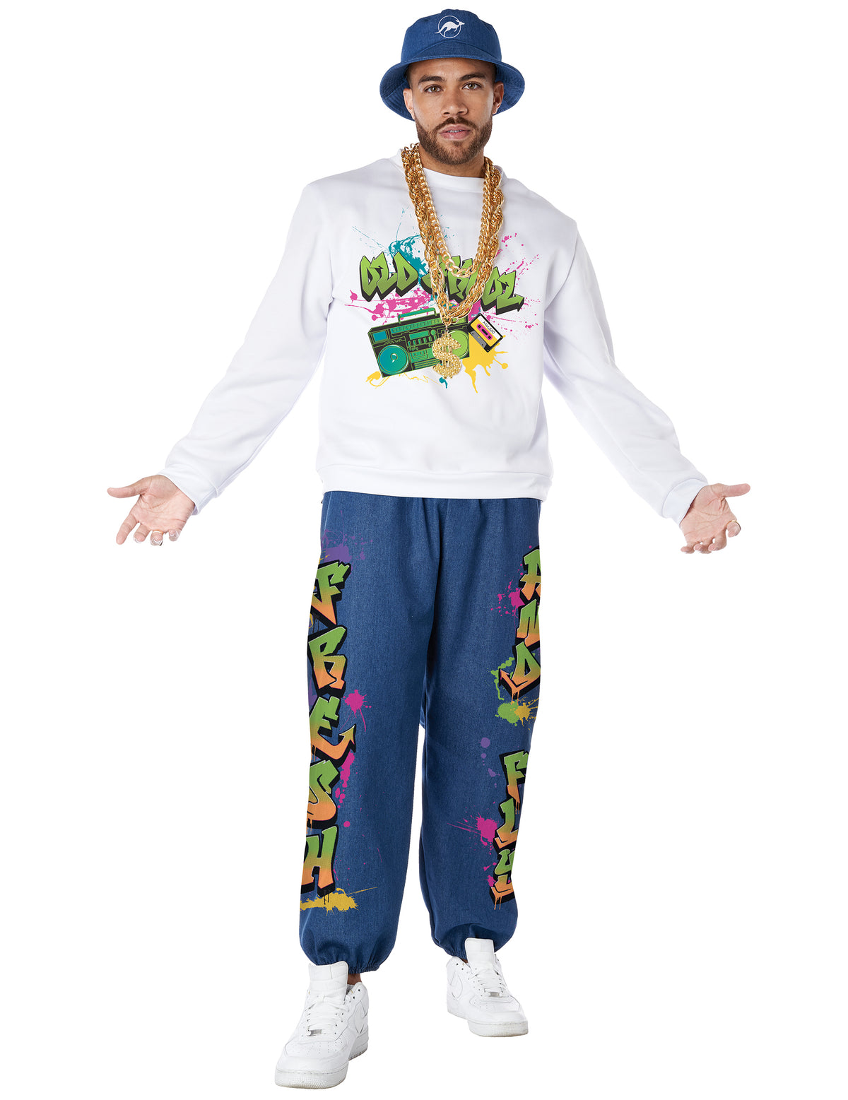 Déguisement hip hop années 90 pour homme blanc et bleu avec motifs graffiti et bob