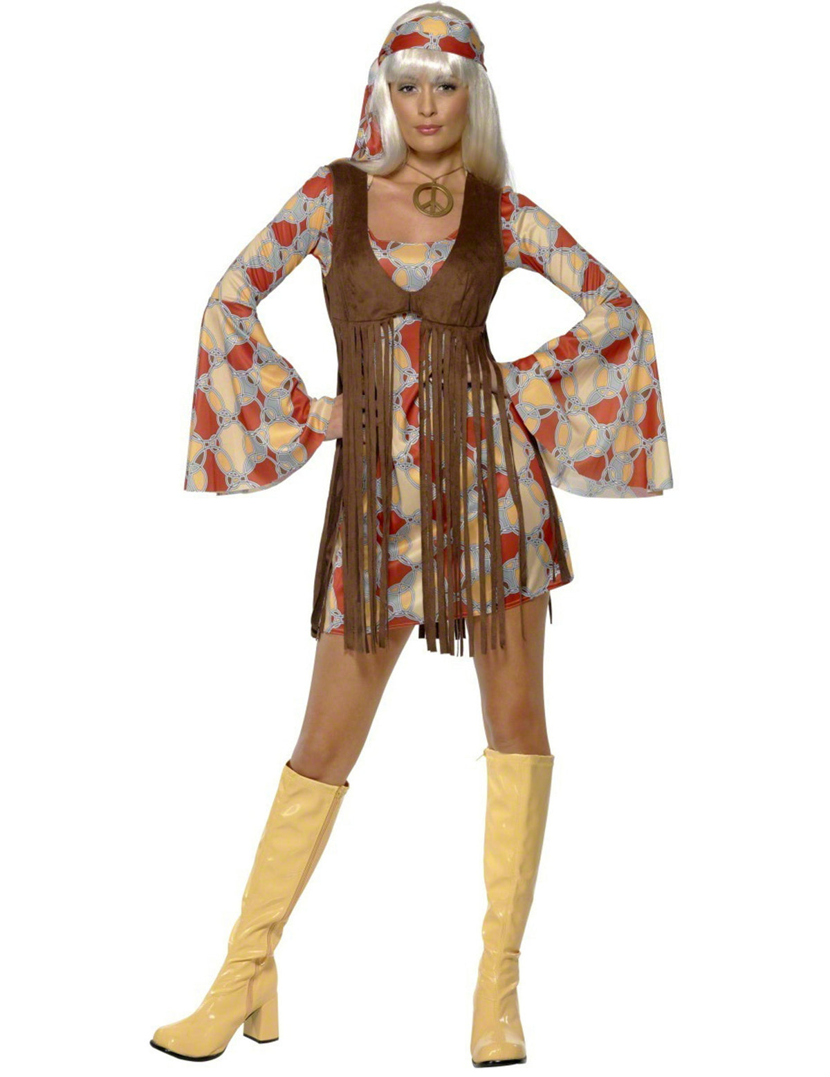 Déguisement hippie année 70 pour femme orange et marron avec gilet à franges