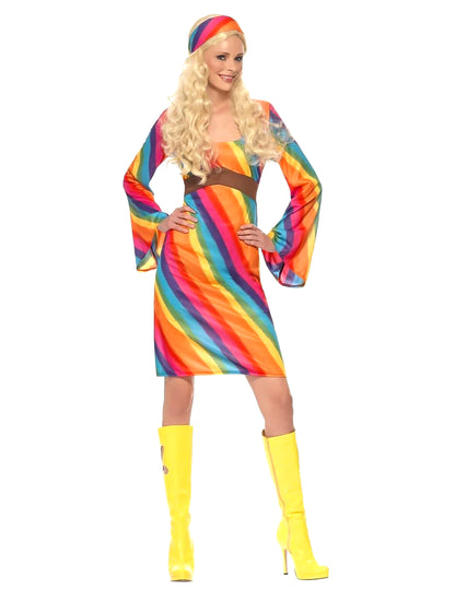 Déguisement hippie arc-en-ciel pour femme multicolore avec bandeau