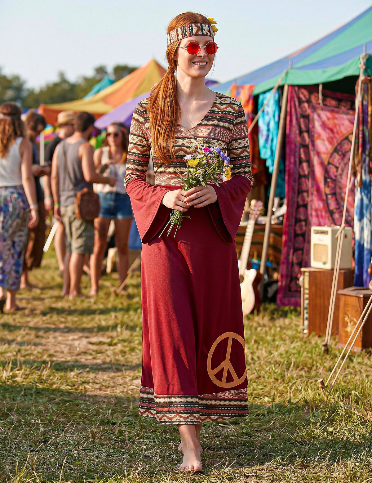 Disfarce de Vestido hippie bordeaux para mulher