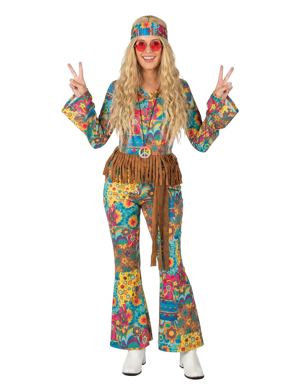 Fato hippie com decote em V para mulher multicores com motivos florais e franjas castanho