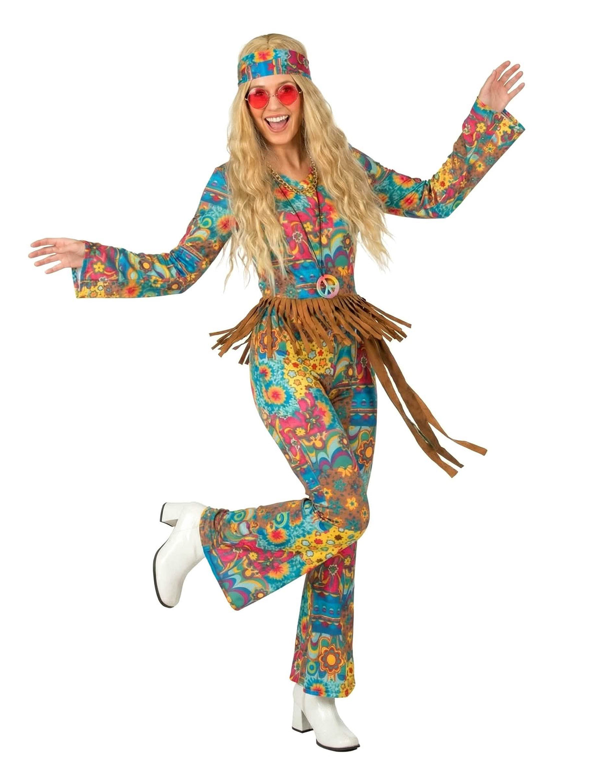 Vista frontal do disfarce hippie com decote em v mulher