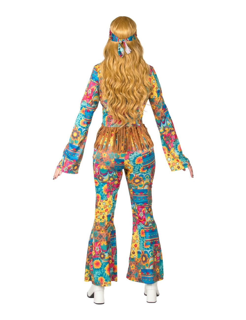 Vista traseira do disfarce hippie de mulher com decote em V