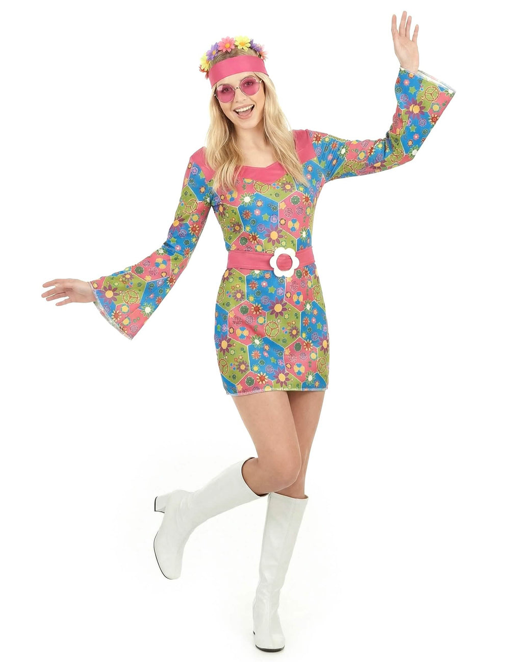 Fato hippie com flores para mulher multicores com vestido de mangas largas e bandeau