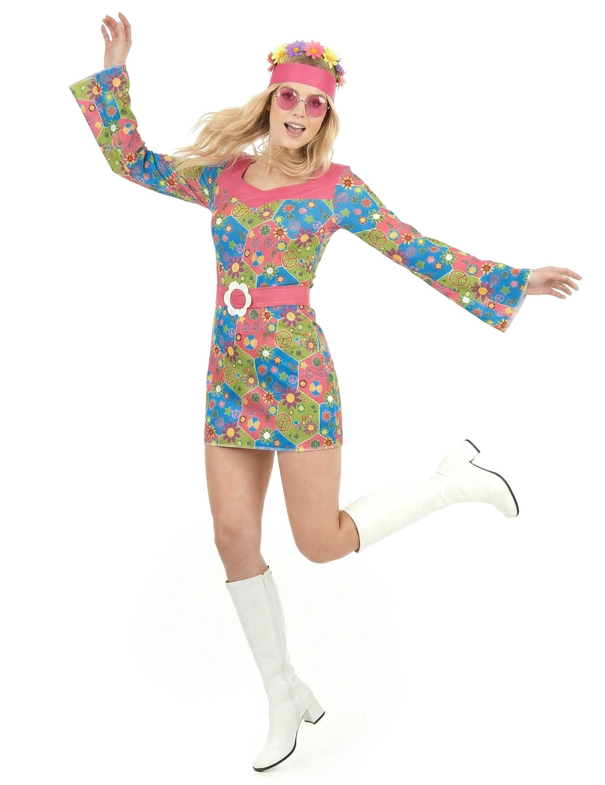 Vista geral em movimento do disfarce hippie com flores