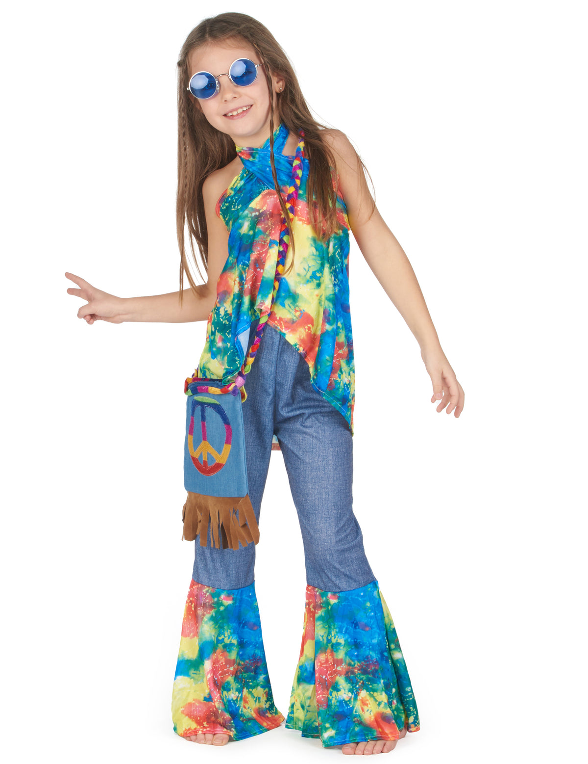 Déguisement hippie pour fille multicolore avec pantalon pattes d'eph bleu