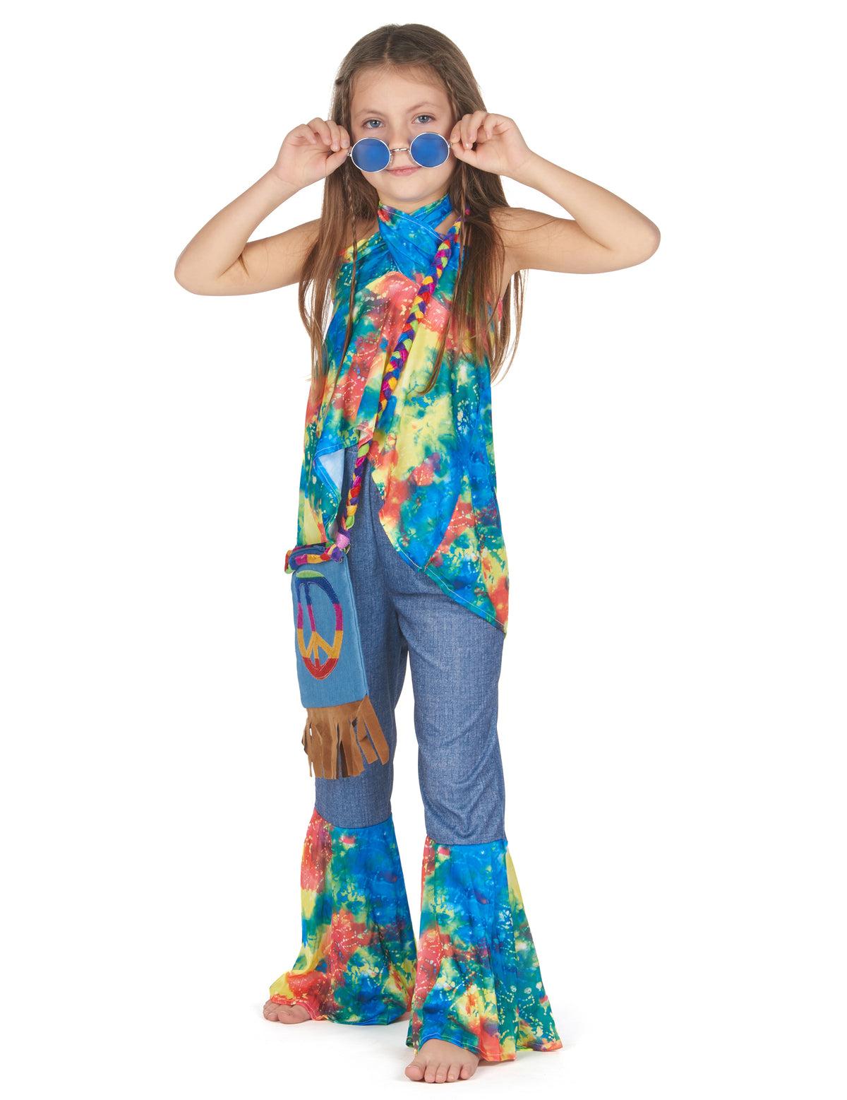 Vue de face avec lunettes du déguisement hippie pour fille