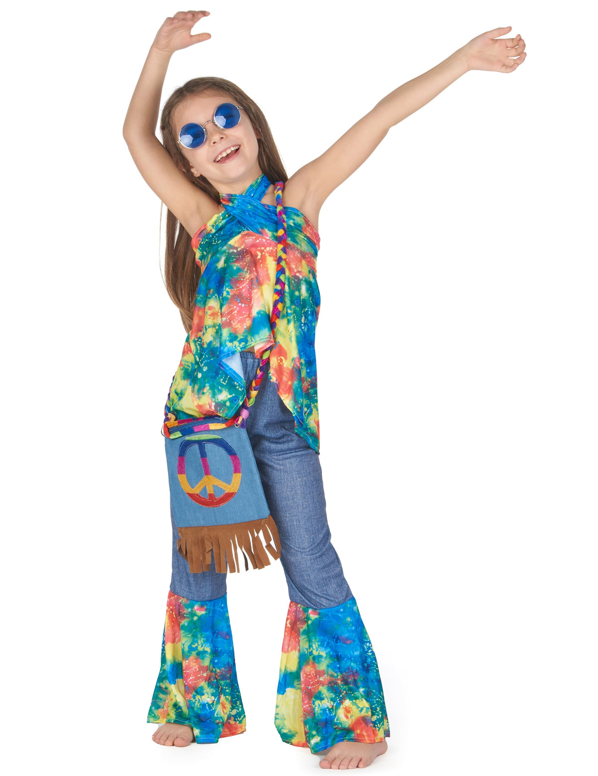 Vue d'ensemble bras levés du déguisement hippie pour fille